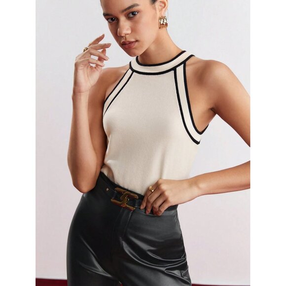 WILA Tops - cream Black Trim high neck tank Top Ribbed Plazacore Business Minimalist
